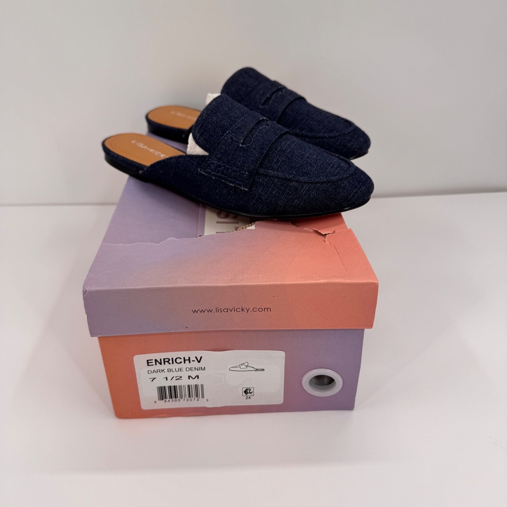 Lisa Vicky Enrich Women's 7.5 M NEW Dark Blue Denim Penny Loafer Mules Slide On - Picture 5 of 14